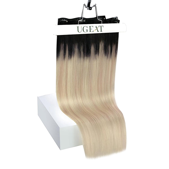 Ugeat Clip Extensions Echthaar Blond Balayage 50cm 120Gramm Echthaar Clip Extensions #1B/18/60 Black