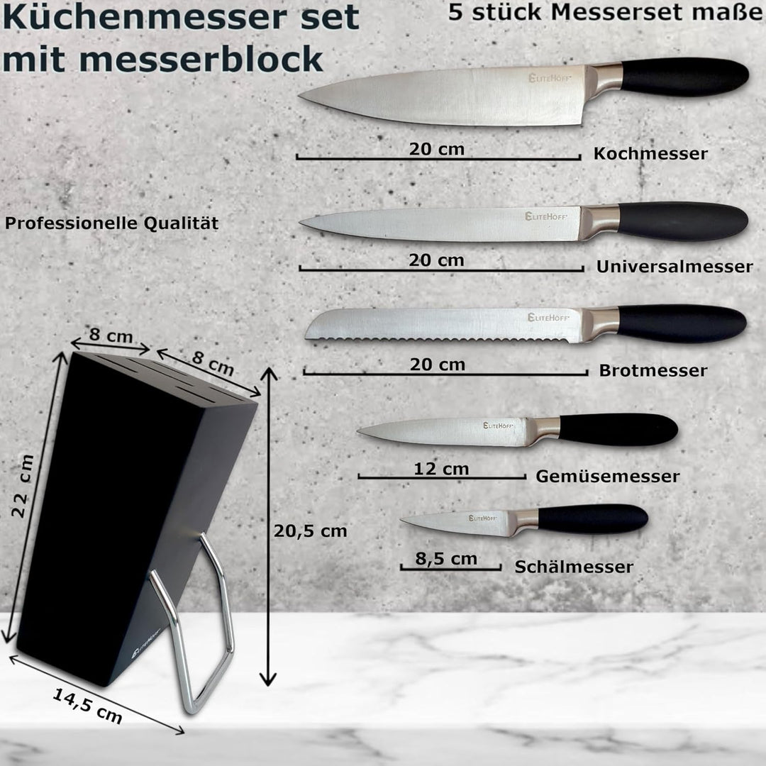 EliteHoff Küchenmesser Set mit Messerblock | Messerset 5 teilig mit Block - Profi Messer für Köche -