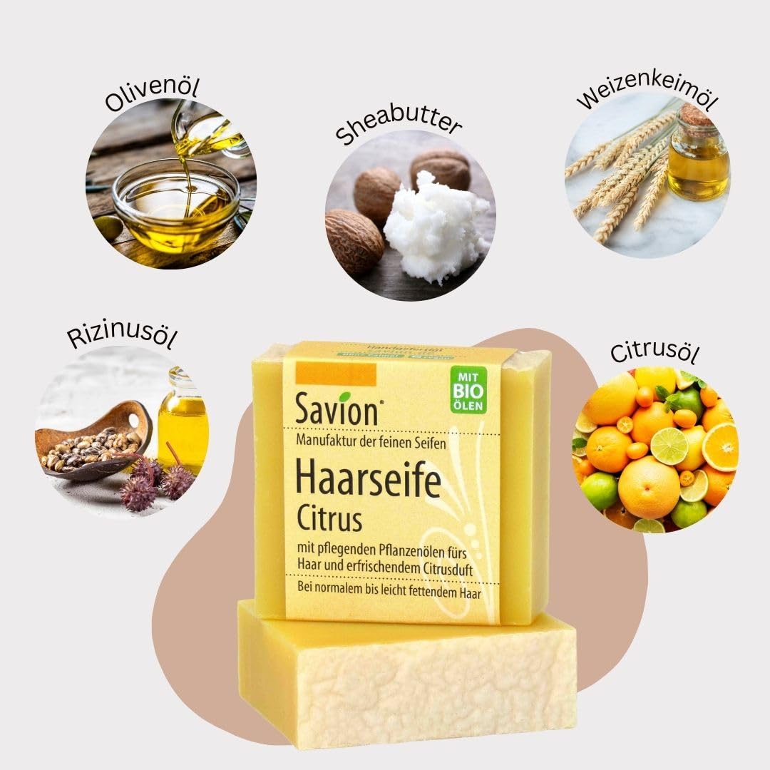 Savion 4+1 Bio Haarseife Citrus, Vegan, Handgemacht, Palmölfrei, Plastikfrei, 5x 85gr 1.42 g (300er