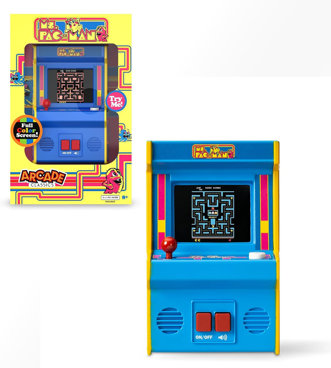 Basic Fun Arcade Classics Mini Ms. Pac-Man – Retro-Handheld-Spiel mit Joystick, Farbdisplay und Soun