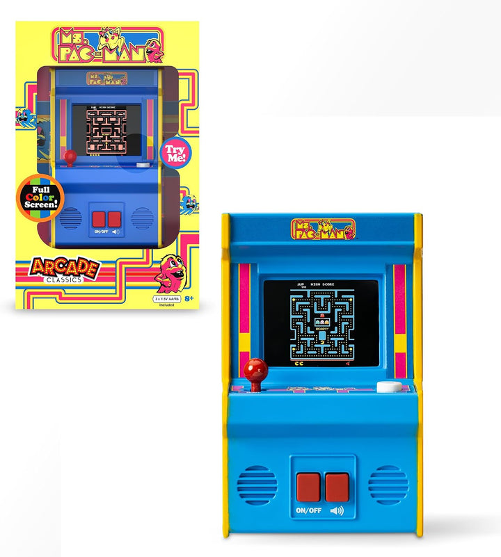 Basic Fun Arcade Classics Mini Ms. Pac-Man – Retro-Handheld-Spiel mit Joystick, Farbdisplay und Soun