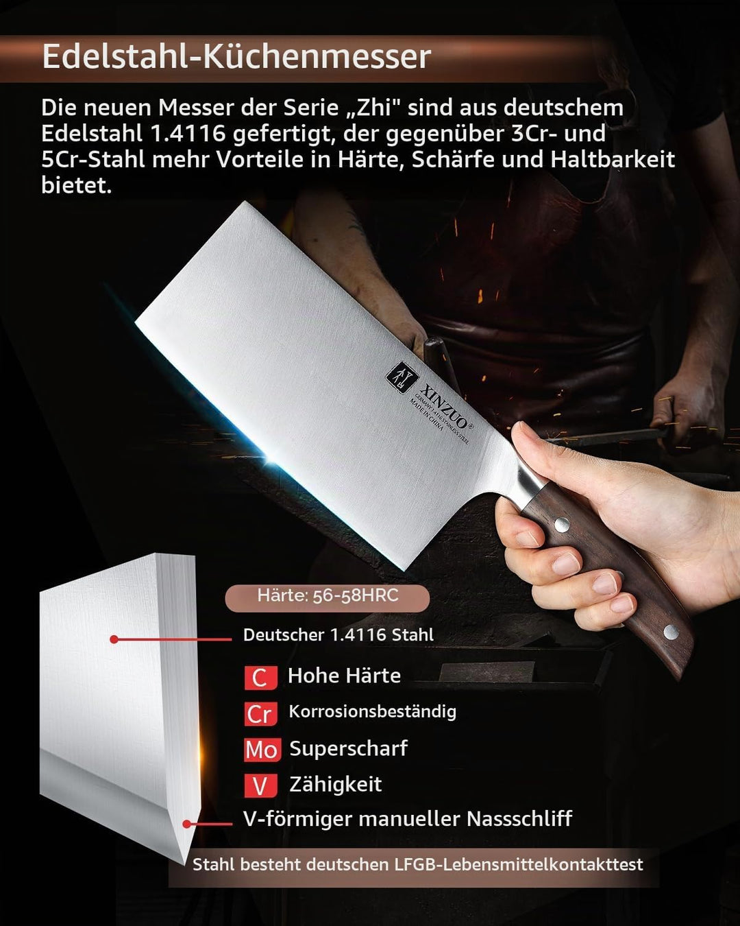 XINZUO Deutschem 1.4116 Edelstahl 17.5cm Hackmesser,Profi Hackbeil Scharfe Klinge Chinesisches Kochm