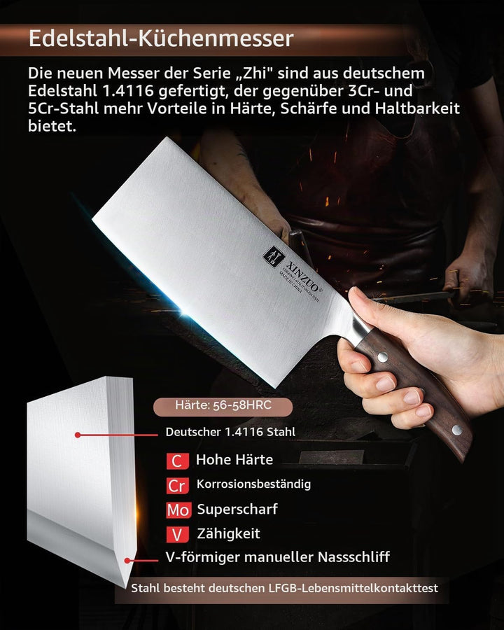 XINZUO Deutschem 1.4116 Edelstahl 17.5cm Hackmesser,Profi Hackbeil Scharfe Klinge Chinesisches Kochm