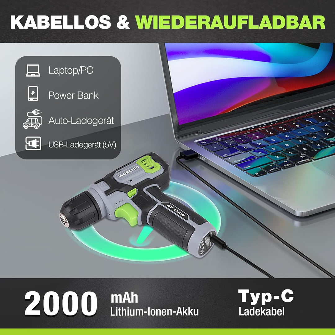 WORKPRO 8V Akku Bohrschrauber Set mit Transportkoffer, Akkuschrauber, 2x2000 mAh Akkus Bohrmaschine,