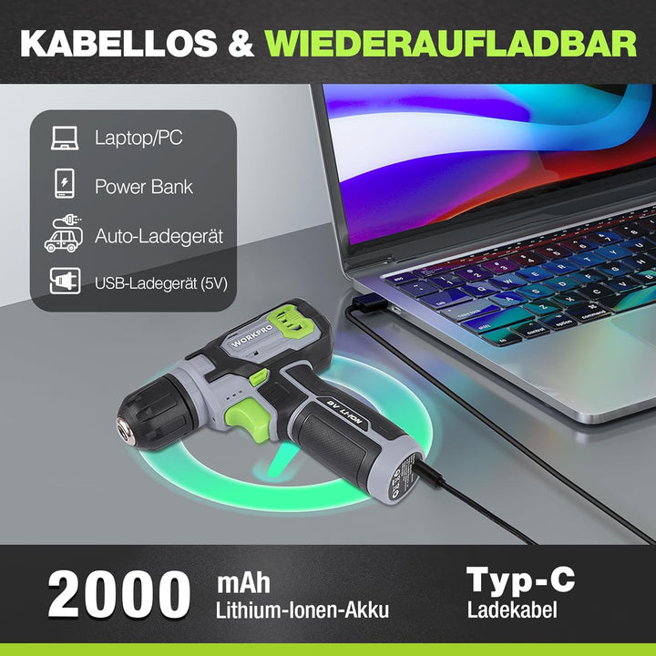 WORKPRO 8V Akku Bohrschrauber Set mit Transportkoffer, Akkuschrauber, 2x2000 mAh Akkus Bohrmaschine,