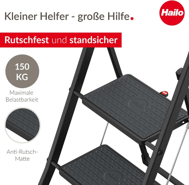 Hailo K44 StandardLine Klapptritt - 2-stufige Trittleiter aus Stahl mit grossen Stufen und Anti-Ruts