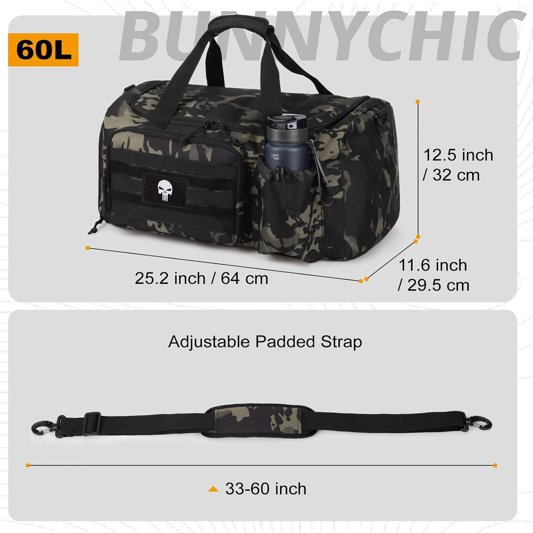 Taktische Sporttasche für Herren, 60L grosse Reisetasche mit Schuhfach, Sporttasche mit Nassfach, Mu