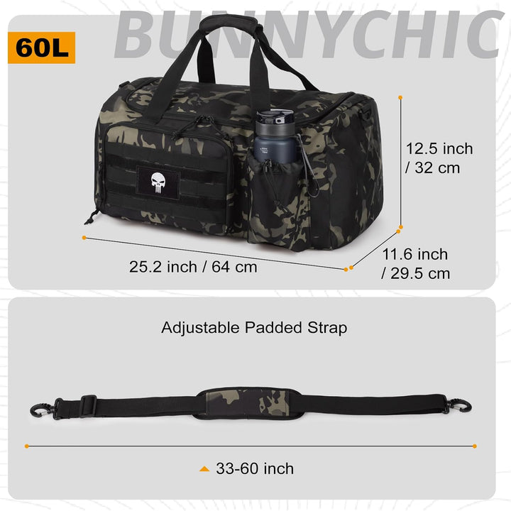 Taktische Sporttasche für Herren, 60L grosse Reisetasche mit Schuhfach, Sporttasche mit Nassfach, Mu