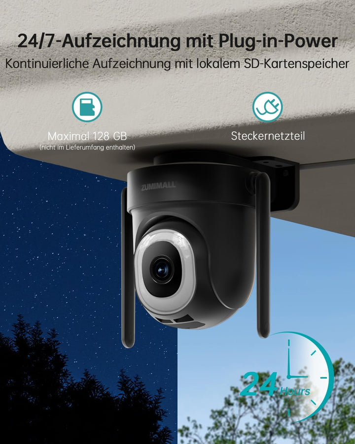 ZUMIMALL 2.5K Überwachungskamera Aussen mit Auto-Tracking, 24/7 Aufnahme | 355°/90° PTZ, Kabelgebund
