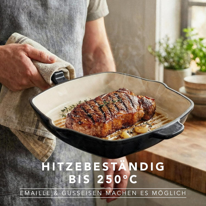Römertopf Gusseisen Grillpfanne eckig 24 cm – Steakpfanne Emaille, alle Herdarten inkl. Induktion, b
