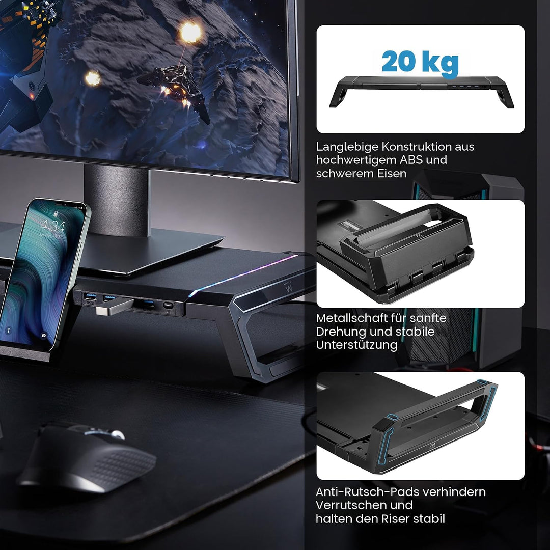 Ewent Monitorständer, RGB Monitor Riser, Klappbar, Smartphone- und Tablet-Halterung mit Ablagefach u