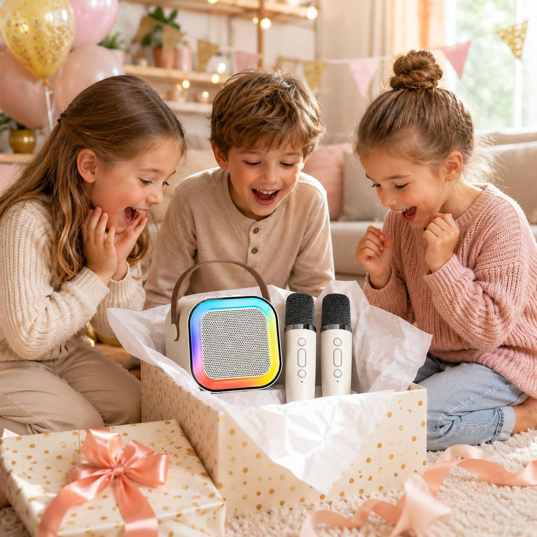 Bluetooth Karaoke Maschine mit 2 Mikrofonen & Lichtshow - 8W Tragbarer Lautsprecher, 5 Stimmeneffekt
