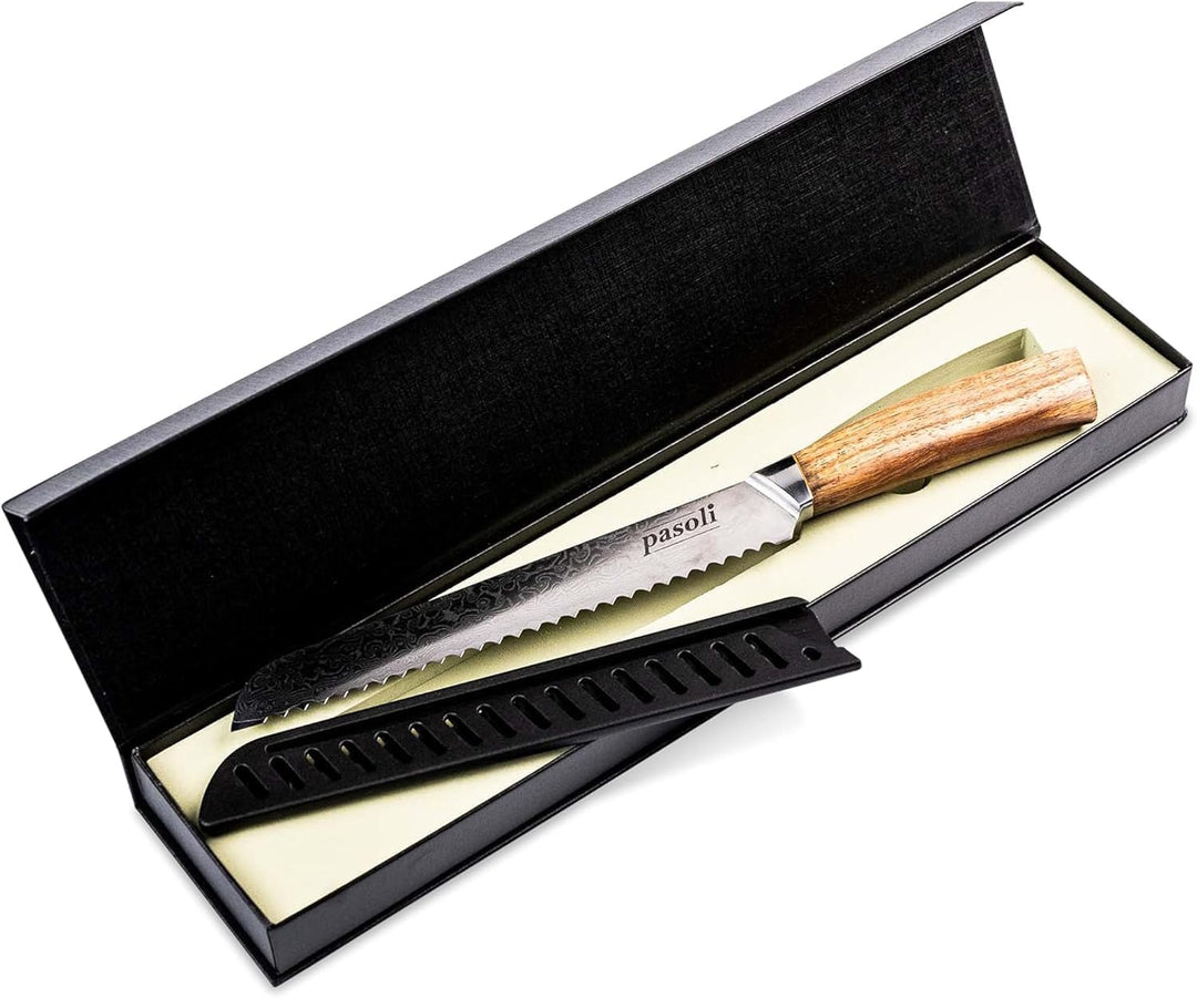 pasoli Damast Brotmesser inkl. Klingenschutz | 67-lagiger VG-10 Damaszener-Stahl | scharfe 20 cm Kli