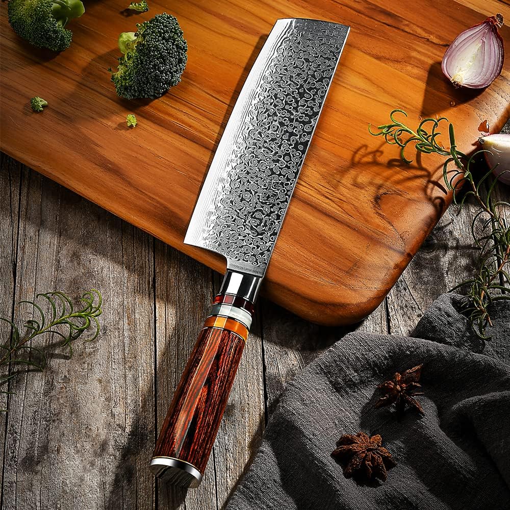 FANTECK Kochmesser Nakiri Küchenmesser Profi Messer Chefmesser 18 cm Allzweckmesser Damaskus Edelsta