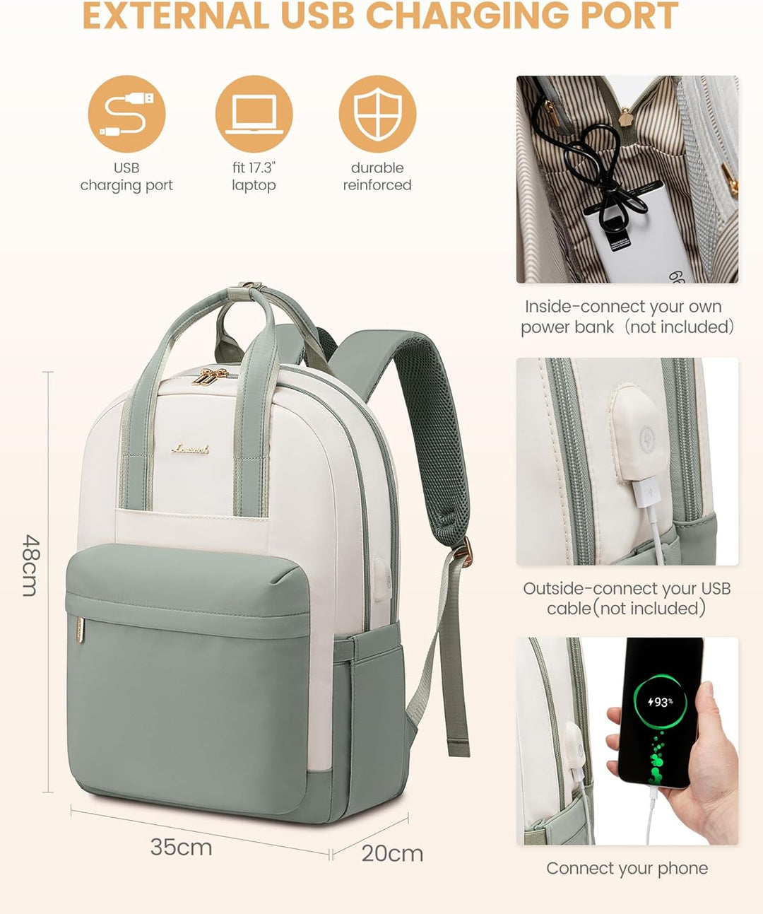 LOVEVOOK Rucksack Damen Gross, 17,3 Zoll Laptop Schultasche Mädchen mit Laptopfach, Wasserdicht Reis