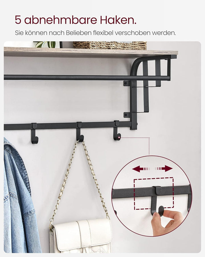 VASAGLE Wandgarderobe mit Aufbewahrungsregal, Wandregal mit 5 abnehmbaren Haken, Hängeregal mit Klei