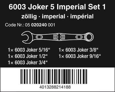 Wera 05020240001 6003 Joker 5 Imperial Set 1, Ringmaulschlüssel-Satz, zöllig, 5-teilig