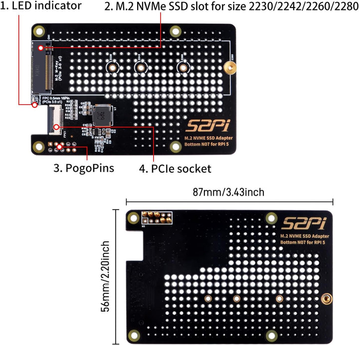 GeeekPi N07 M.2 PCIe to NVMe Bottom SSD Pip PCIe Peripheral Board for Raspberry Pi 5,Support M.2 Key