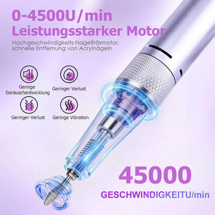 Nagelfräser Elektrisch für Gelnägel 45000 U/Min Maniküre Pediküre Set Elektrische Nagelfräser Profes