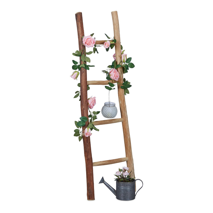 Relaxdays Dekoleiter, 116 cm hoch, Holzleiter Garten, 4 Sprossen, Kastanie, Handarbeit, Handtuch- &