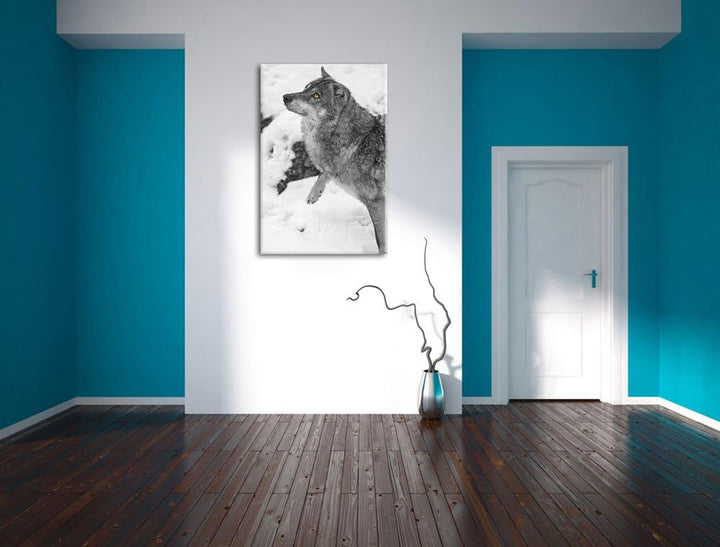 schöner Wolf im Schnee schwarz/weiss auf Leinwand, XXL riesige Bilder fertig gerahmt mit Keilrahmen,