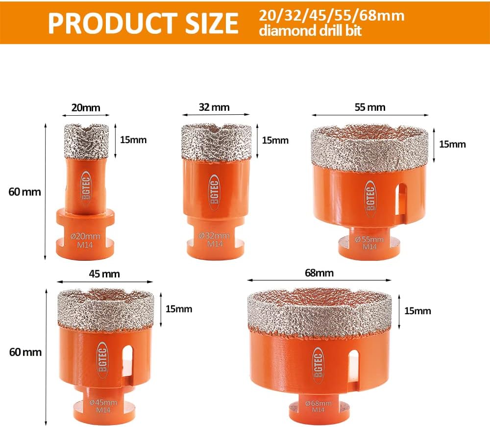 BGTEC Diamant Fliesenbohrer - 5 stücke 20/32/45/55/68MM Diamantbohrer Lochsäge mit M14 Gewinde für F