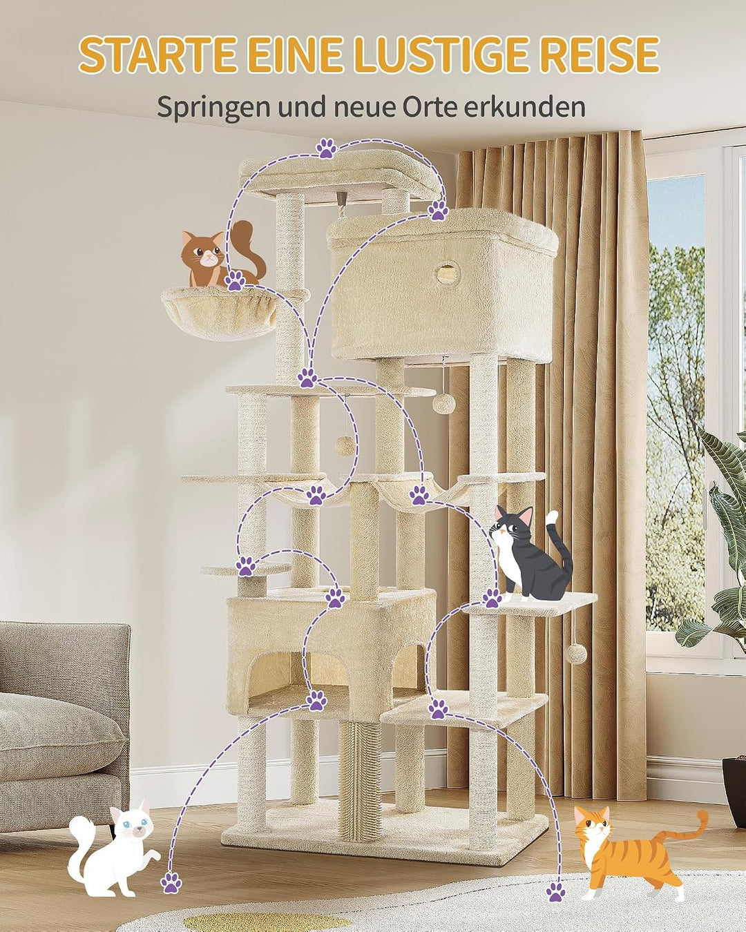Hzuaneri Kratzbaum, 200cm XXL Kratzbaum mit 10 Kratzsäulen, 2 Höhlen, 2 Hängematten, grosse Plattfor