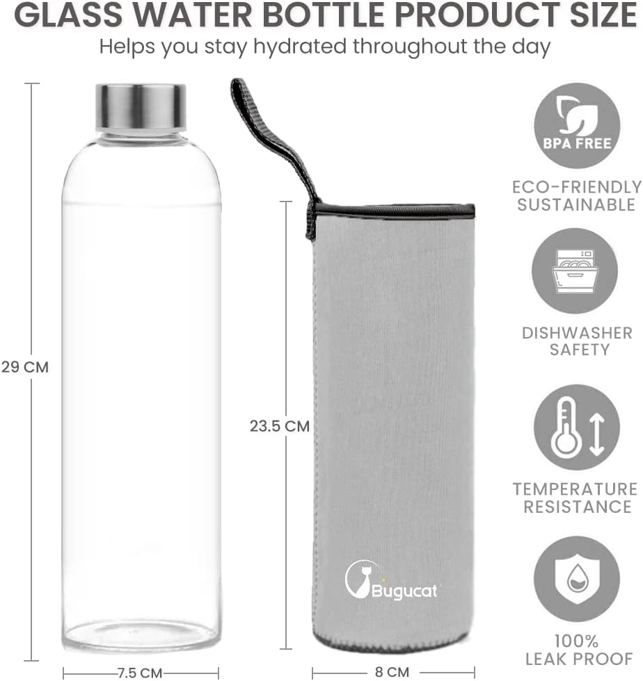 Bugucat Glasflasche1000 ML, Trinkflasche aus Glas mit Edelstahlabdeckung Schutzhülle，Wasserflasche A