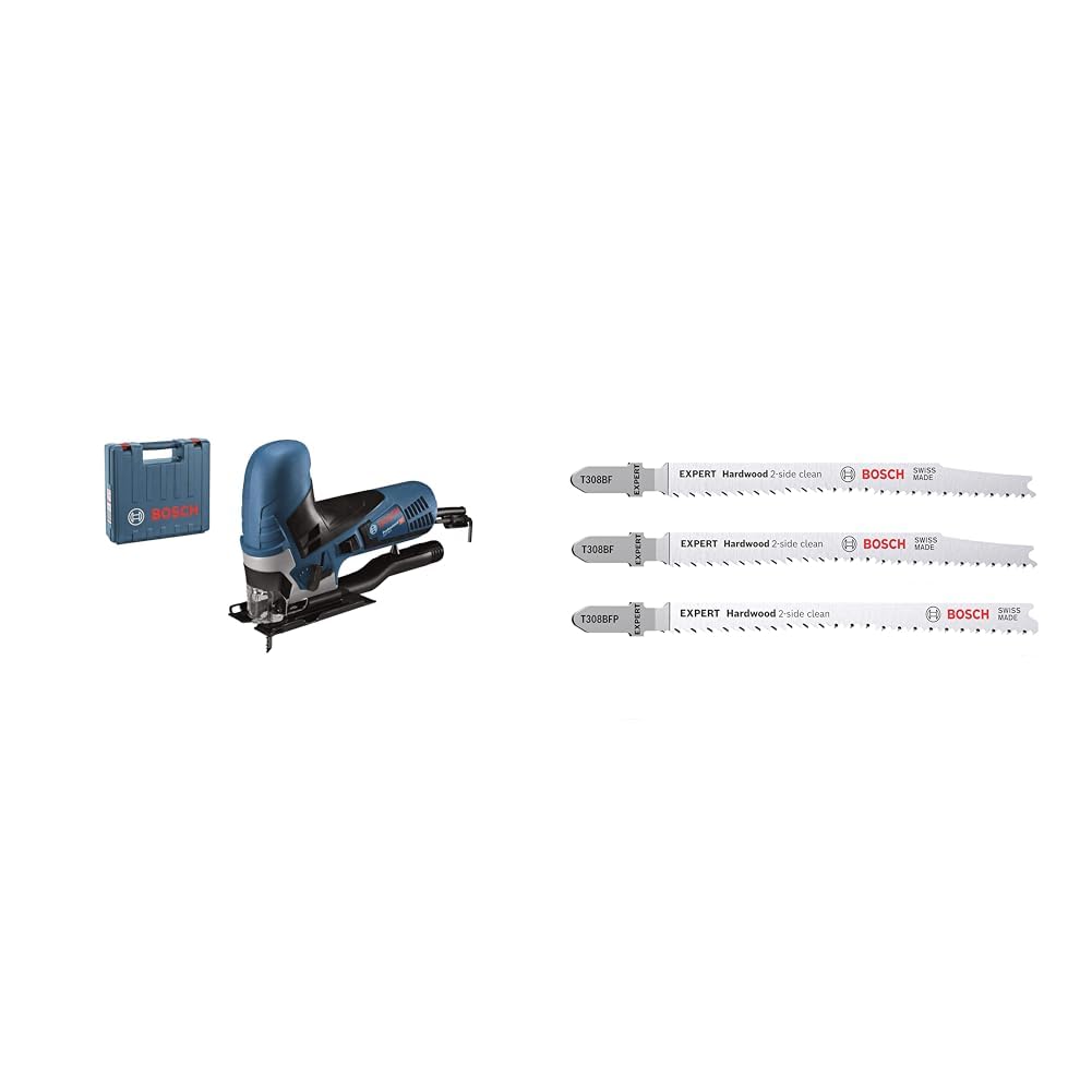 Bosch Professional Stichsäge GST 90 E (1x Sägeblatt, Absaug-Set, im Koffer) + 3x Stichsägeblatt Set