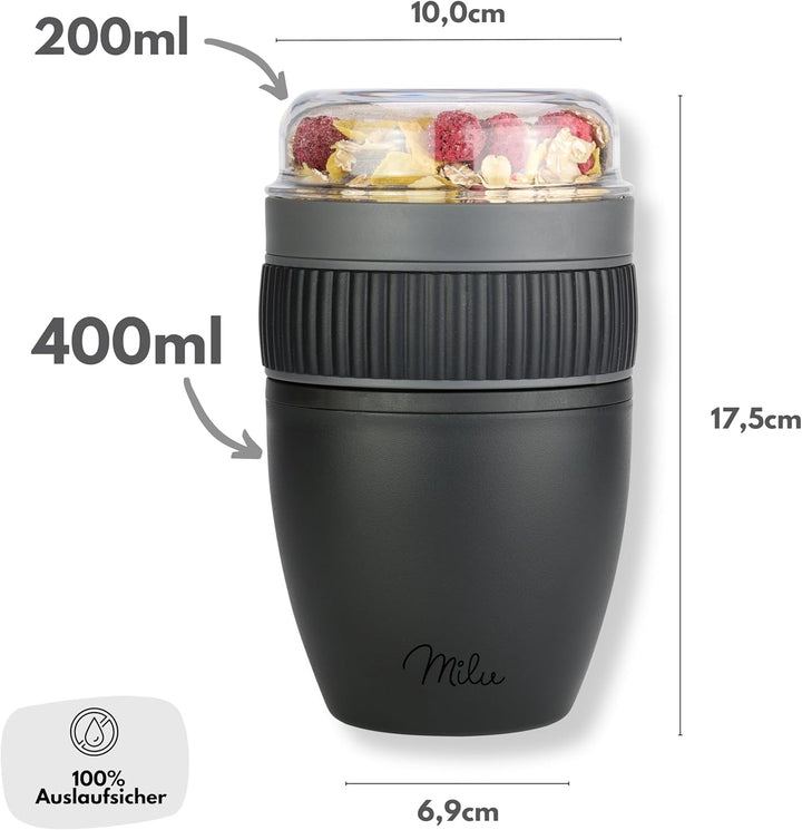 Milu Müslibecher to go 400ml MüsliMax Plastik Joghurtbecher für Müsli I auslaufsicherer Becher mit L