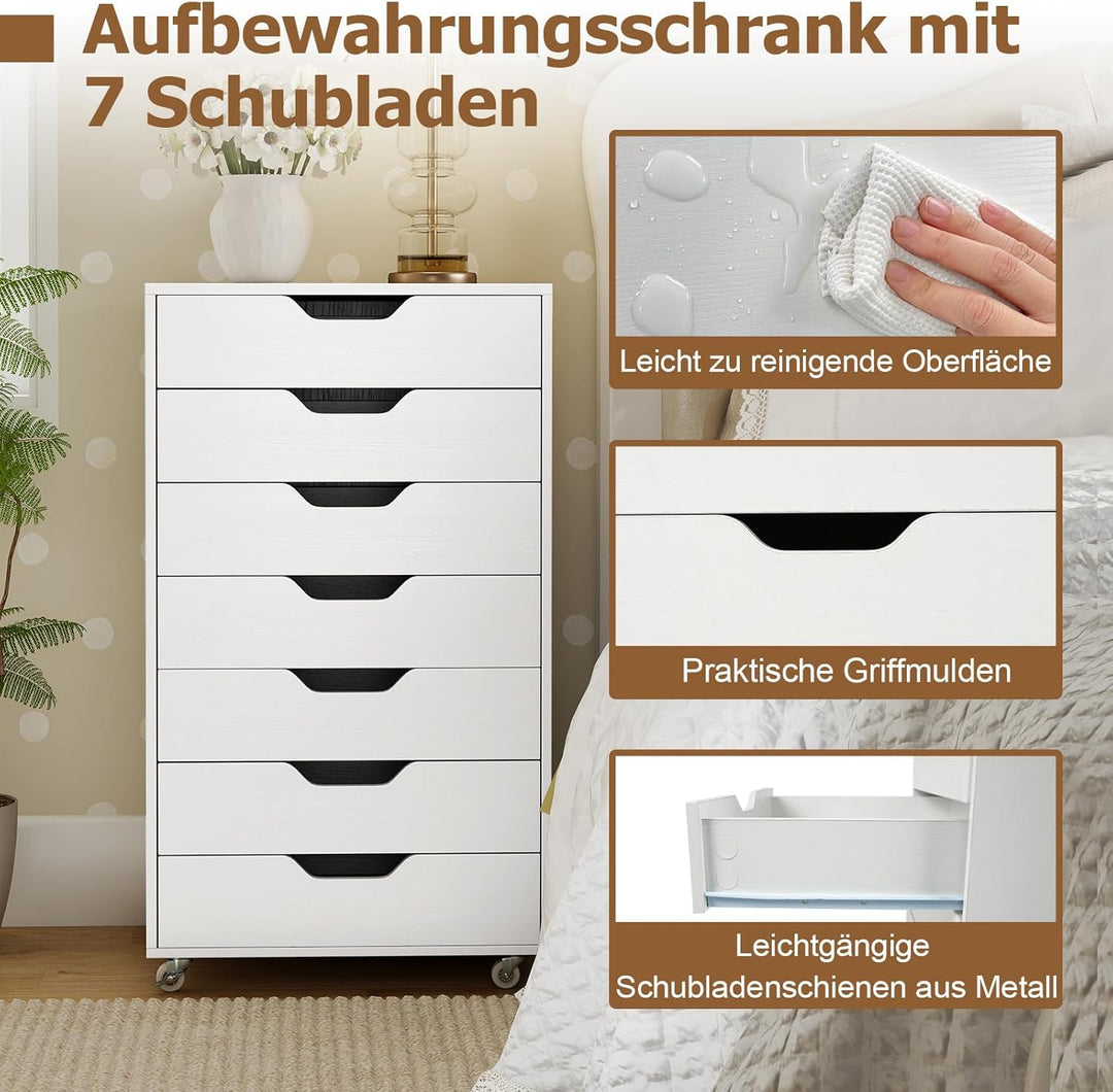 COSTWAY Rollcontainer mit 7 Schubladen, mobiler Aktenschrank mit Rädern, Bürocontainer Schubladensch