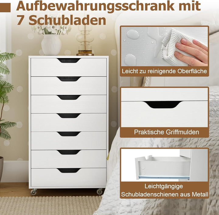 COSTWAY Rollcontainer mit 7 Schubladen, mobiler Aktenschrank mit Rädern, Bürocontainer Schubladensch