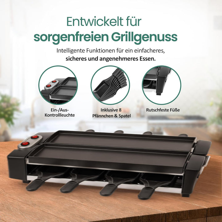 EMERIO Raclette mit wertigen Druckguss-Platten | Gerät klappbar | 2x 40,6x10cm PFAS-freie Antihaftbe