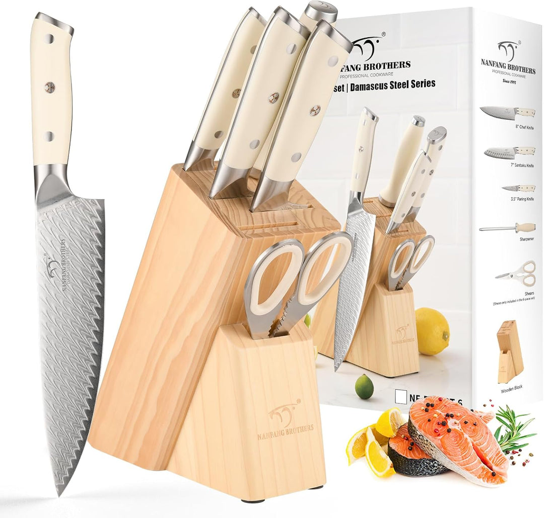 NANFANG BROTHERS Profimesser Damaskus Messerblock Holz Set 6er Damastmesser küchenmesser Kochmesser-