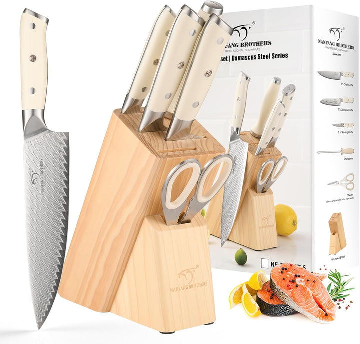 NANFANG BROTHERS Profimesser Damaskus Messerblock Holz Set 6er Damastmesser küchenmesser Kochmesser-