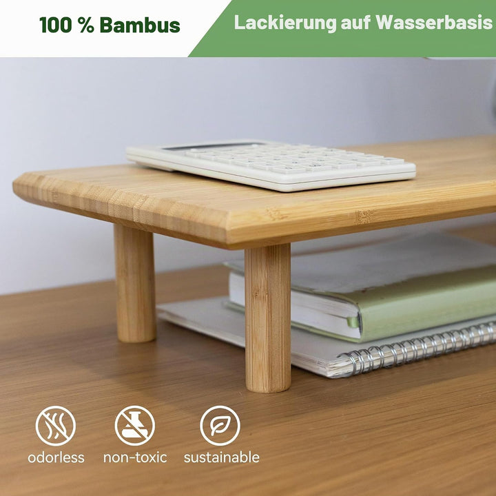 Bamboo Dual Monitor Ständer mit Ablagefach - Ergonomischer Schreibtischorganizer fürs Home Office, W