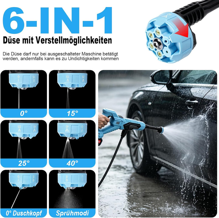 21V Akku-Hochdruckreiniger, Tragbarer Hochdruckreiniger mit 6-in-1 Multifunktionsdüse, 2 Akkus,120Ba