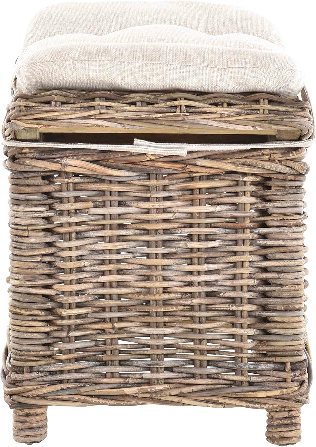Fusshocker mit geschwungener Ablage, Stabiler Sitzhocker/Schemel/Hocker aus echtem Rattan mit Kissen