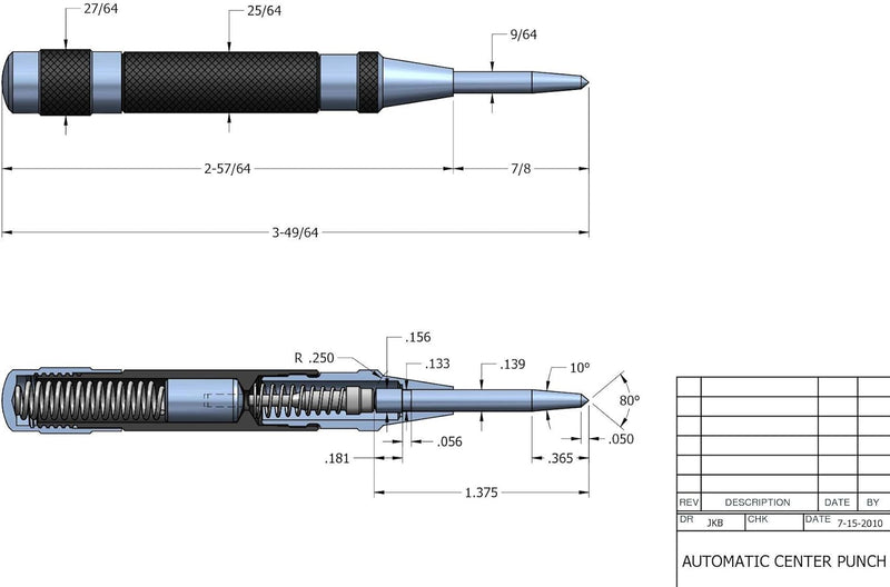 Starrett 18AA Automatischer Körner mit einstellbarem Hub, 4" Länge, 7/16" Durchmesser Single, Single