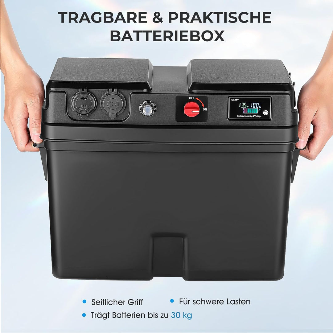 Batteriebox für Bootsmotor Elektromotor Schlauchboot Aussenboarder RV– mit USB & 12V Anschluss, Ziga