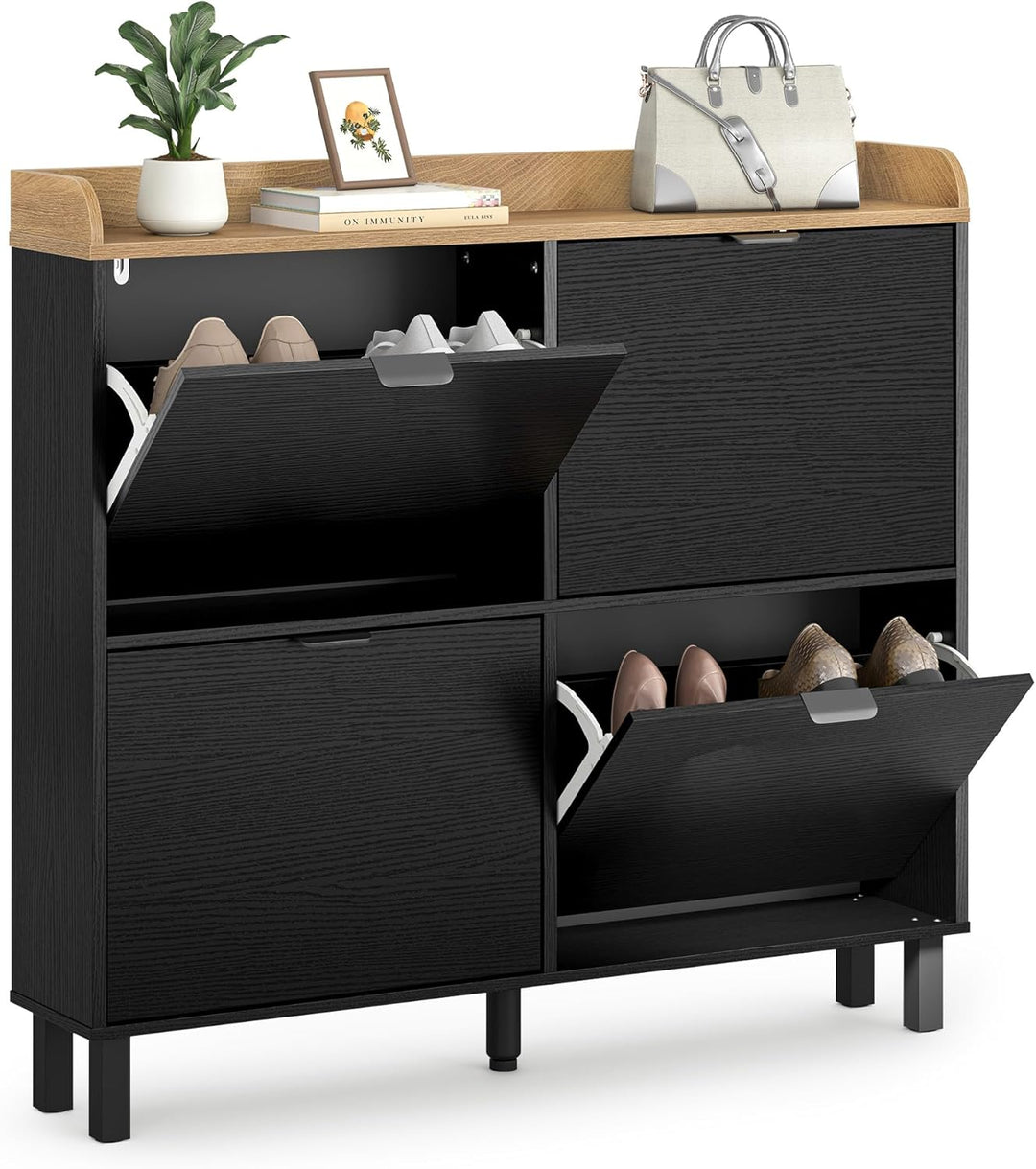 LUE BONA Schuhschrank schmal, Schuhschrank mit 4 Flip-Klappen, Schuhkipper mit Holzfüssen, Schuhrega