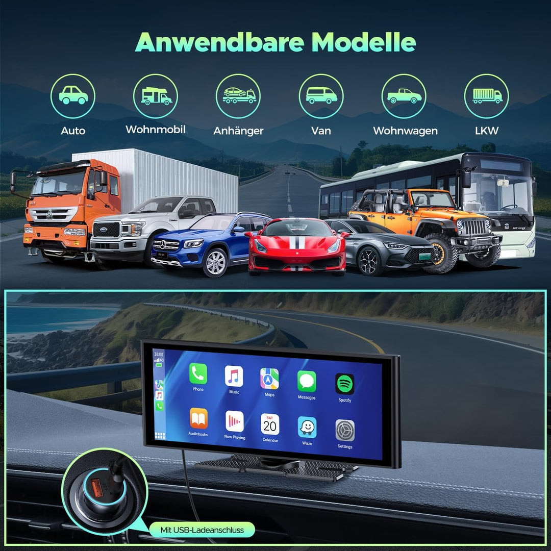 Lamto Autoradio für Apple Carplay Android Auto mit Dashcam Vorne Hinten 4K+1080P, 9,26 Zoll Tragbare