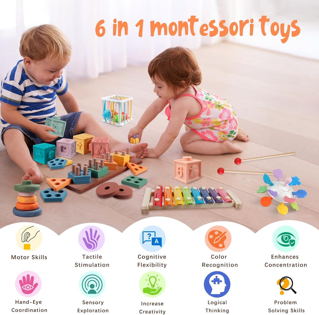 Aliex Baby Spielzeug, 6 in 1 Montessori Spielzeug | Motorikspielzeug | Xylophon | Stapelturm | Holzs