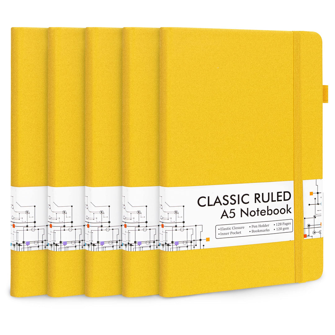 feela Notizbuch A5 liniert Hardcover, 5 Notizbücher Set, Journal Buch mit 3 Gelstifte schwarz, 120 G