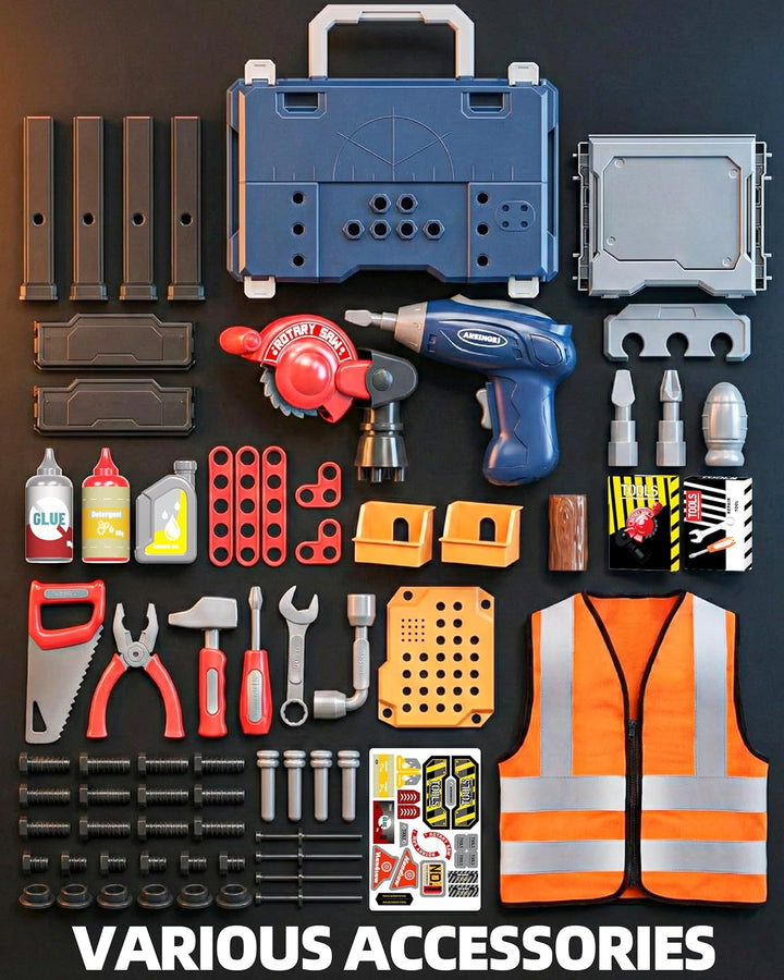 Jovow Kids Tool Bench with Electric Drill and Engineer Vest, 3-in-1 Toddler Workbench and Costume Se