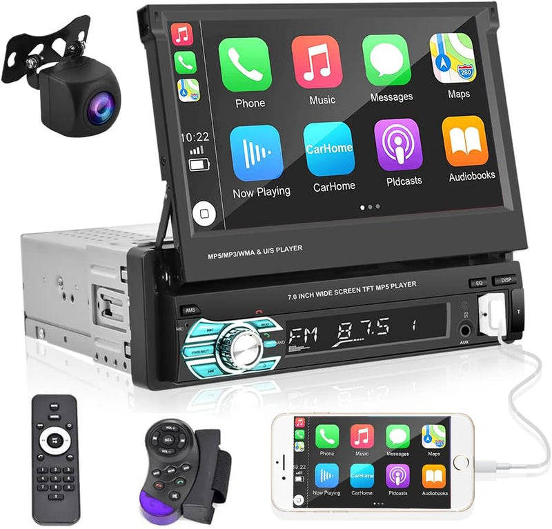 Podofo Autoradio 1 Din mit Apple Carplay Android Auto 7-Zoll Auto Stereo Radio mit Einziehbarem Bild