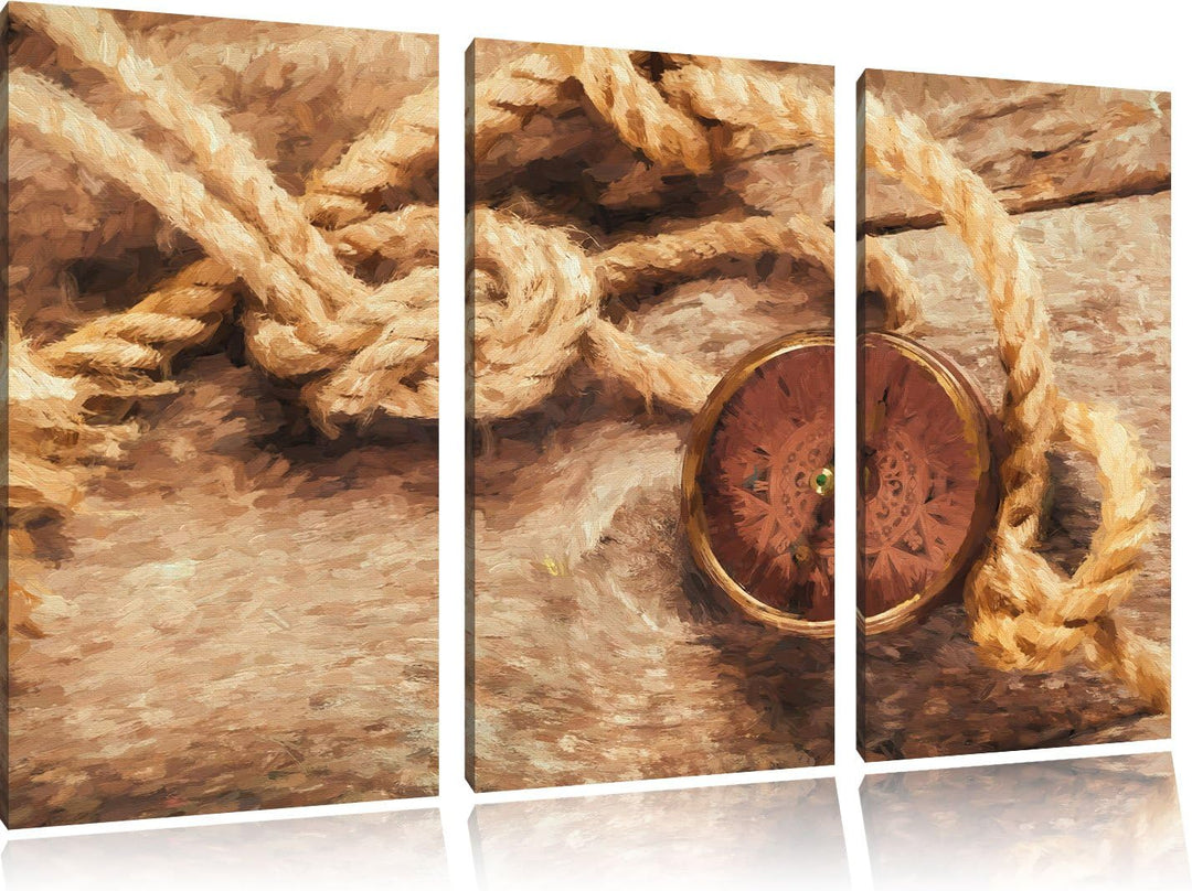 Pixxprint Schiffseil und Kompass als Leinwandbild/Grösse: 3 Teilig (120x80 cm) cm/Wandbild/Kunstdruc