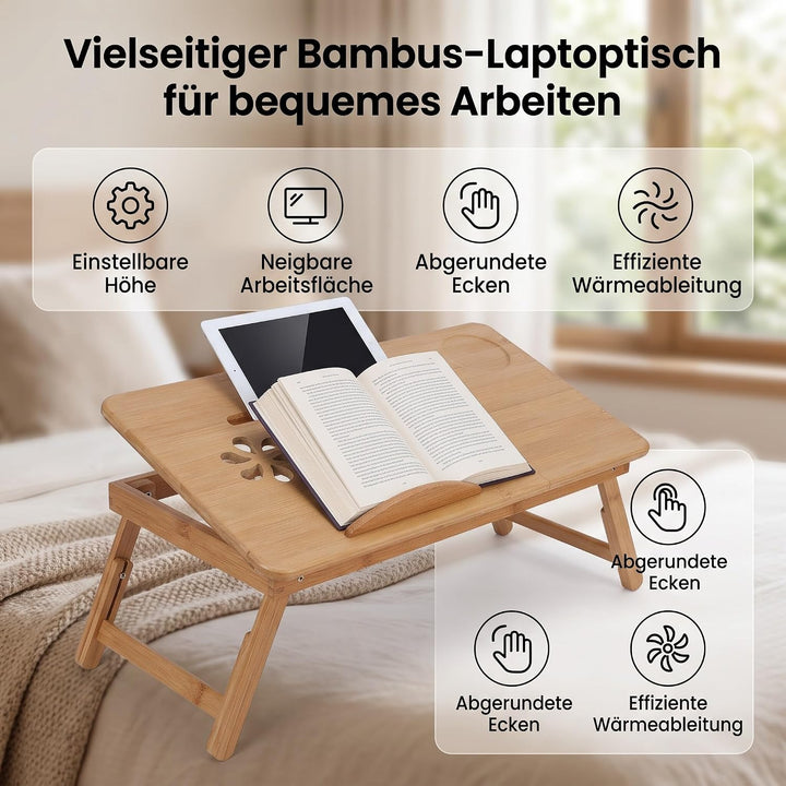 Laptoptisch als Tabletttisch fürs Bett oder Sofa aus Holz, Höhenverstellbarer Laptoptisch mit Schubl