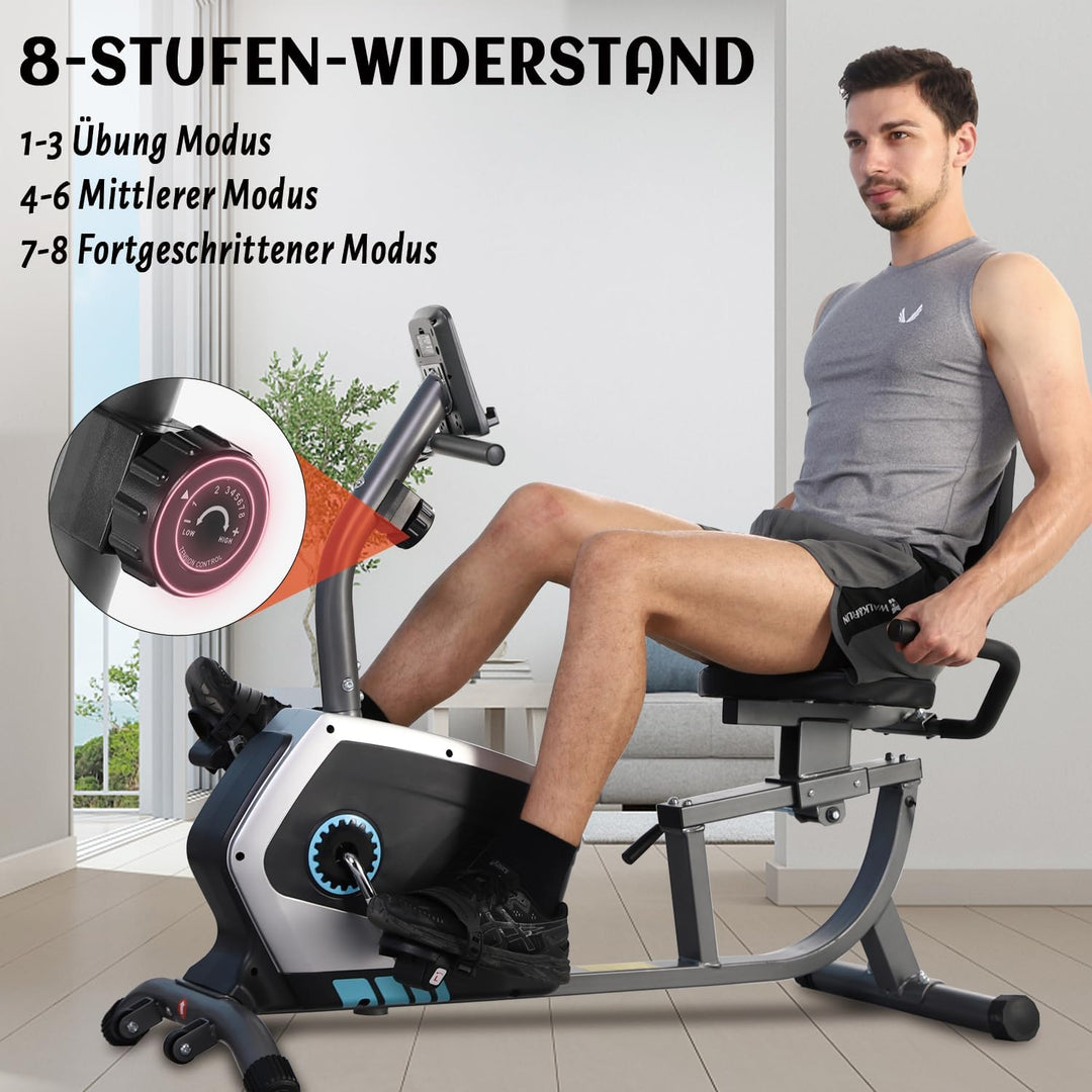 ISE Ergometer Liege- Heimtrainer mit Magnetbremse, Pulssensoren und LCD-Display, 8 Widerstandsstufen