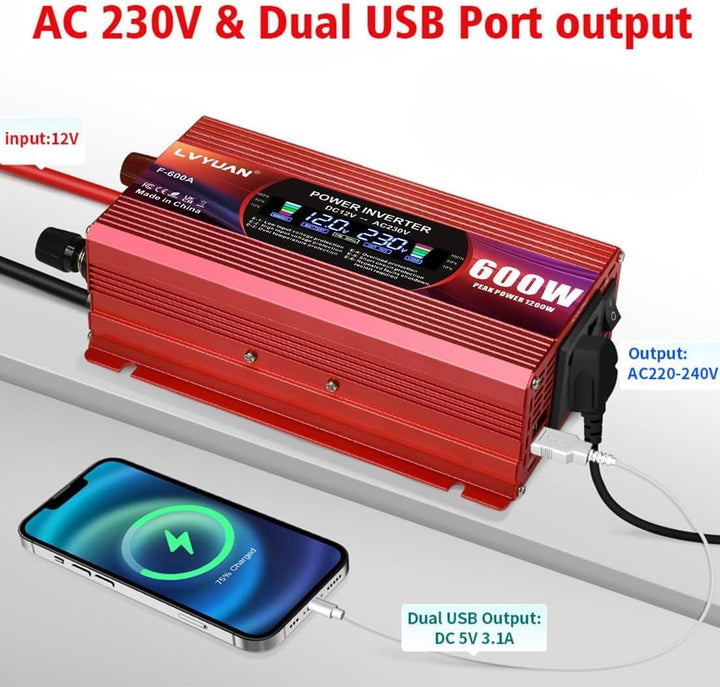 LVYUAN 600W/1200W Wechselrichter DC 12V auf AC 230V Spannungswandler 1 EU Steckdose & 2 USB Port Str
